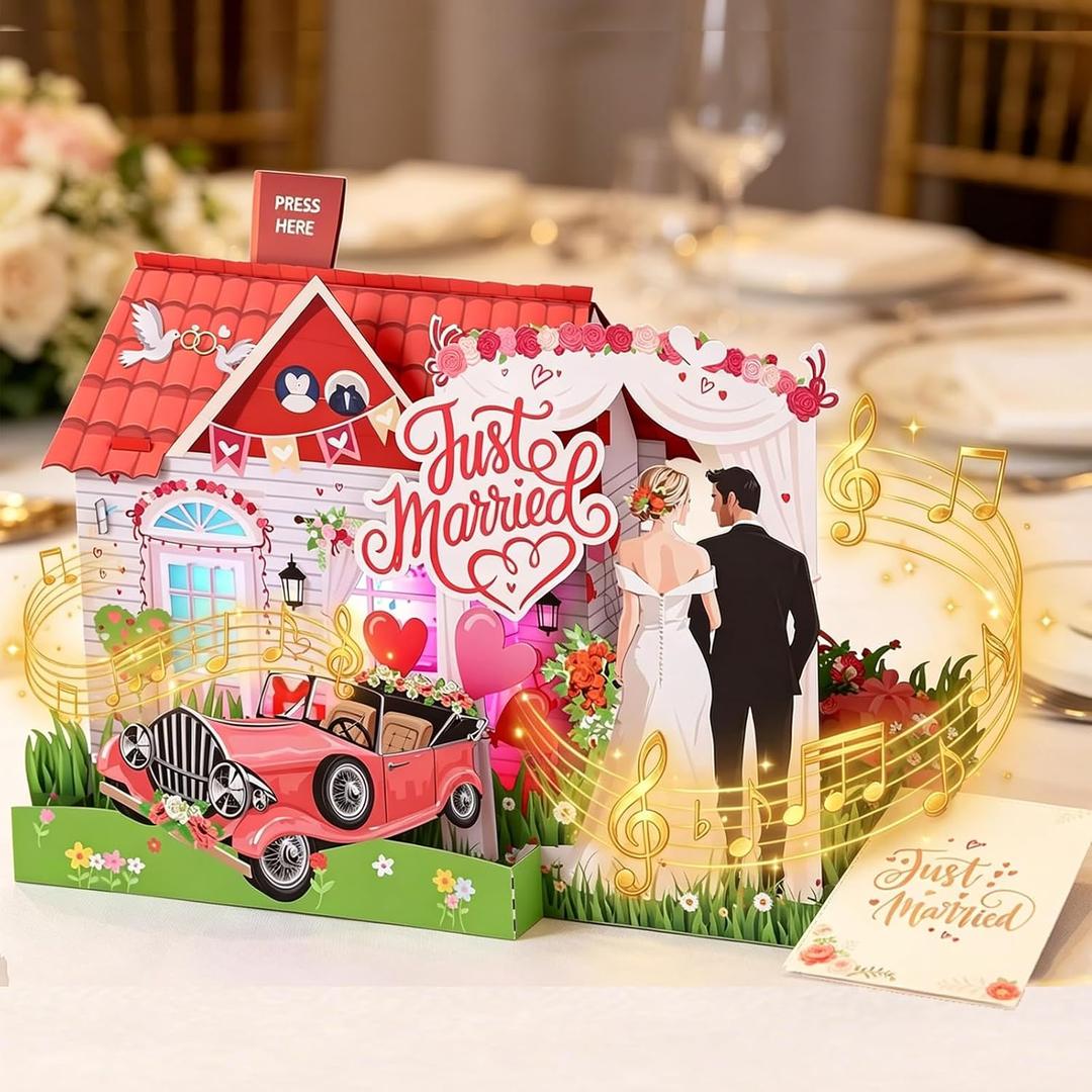 Yinqing Wedding Card Mr. & Mrs. for Bride and Groom, With Light and Music | 3D Pop Up Romantic House Wedding Card for Engagement, Bridal Shower, Newlyweds, Wedding Congratulations, 5x7 inches