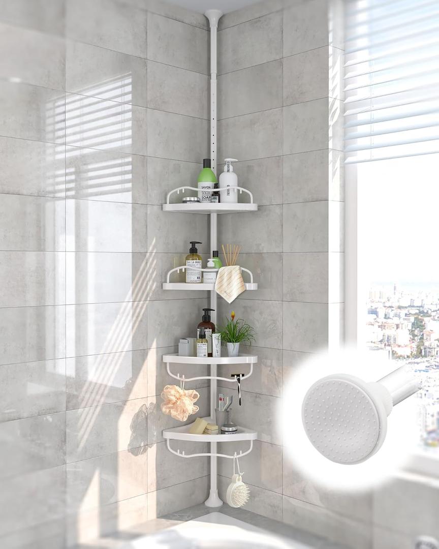 Corner Shower Caddy,125 Inch Tall Adjustable Inside Shower Organizer Tension Pole 4-Tier Rustproof Bathroom Organizer Shelves for Bathtub Shampoo Conditioner Storage, Floor to Ceiling Standing Caddy (White)