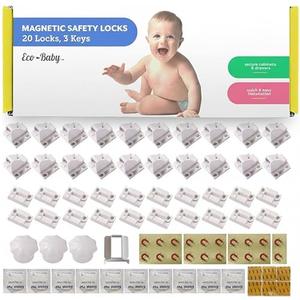 Eco-Baby Magnetic Cabinet Locks for Babies - Keyless, White, 20 Pack and 3 Keys