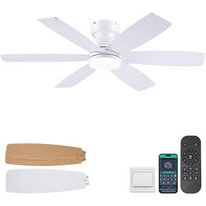 Kviflon 46 inch Ceiling Fans with Lights and Remote/APP Control, Low Profile Ceiling Fan with Light, Flush Mount, 3CCT, 6 Reversible Blades 6 Speeds Modern Ceiling Fan for Bedroom Living Room, White