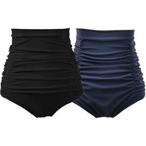 COCOPEAR Women's Ruched High Waisted Bikini Bottom Retro Vintage Swim Short Tankinis (Pack of 2) Black+Navy 2XL/14-16
