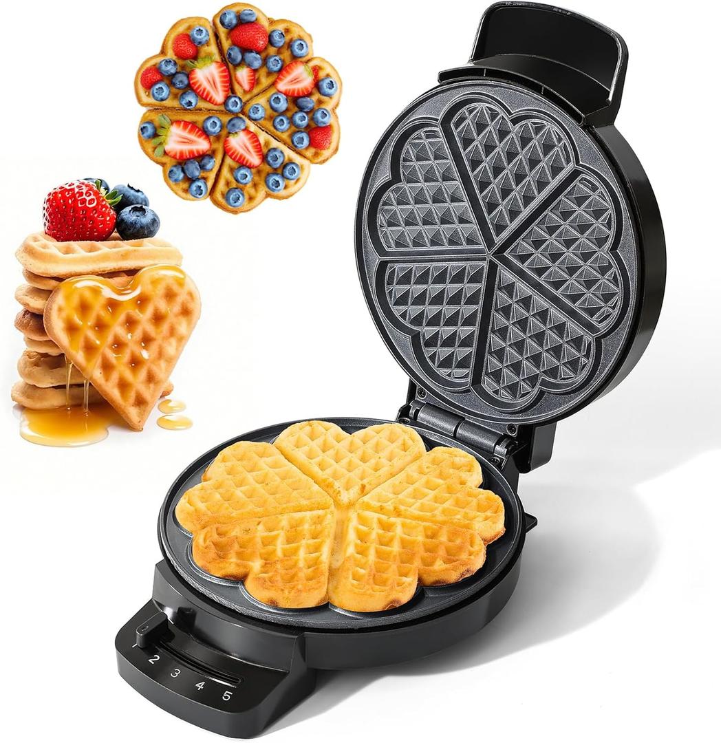 Heart Waffle Maker, Heart Shaped Waffle Iron 5 Slices, Mini Waffle Makers with 8'' Non-stick Plates, Adjustable 5 Browning Control, Cool Touch Handle, Easy to Clean, Valentine's Day Gift, 1000W