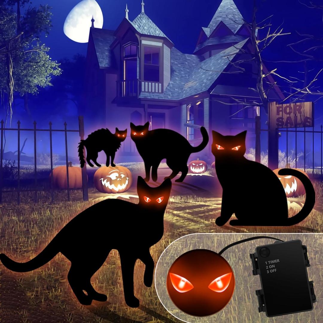 Halloween Yard Signs with Lights, 4 PCS Black Cats Outdoor Decorations, Trick or Treat Yard with Stakes, Corrugate Waterproof Halloween Thickened Themed Lawn Decorating for Pathway, Garden, Outside