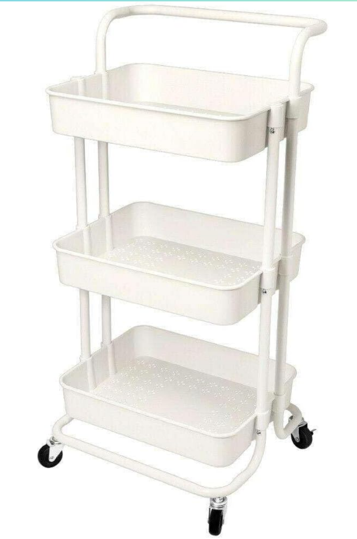 Boeeoan 3-Tier Utility Cart with Wheels, Rolling Cart with 3 Hanging Baskets, Storage Shelves, Multi-Functional Organizer Cart for Bathroom, Office, Kitchen, White