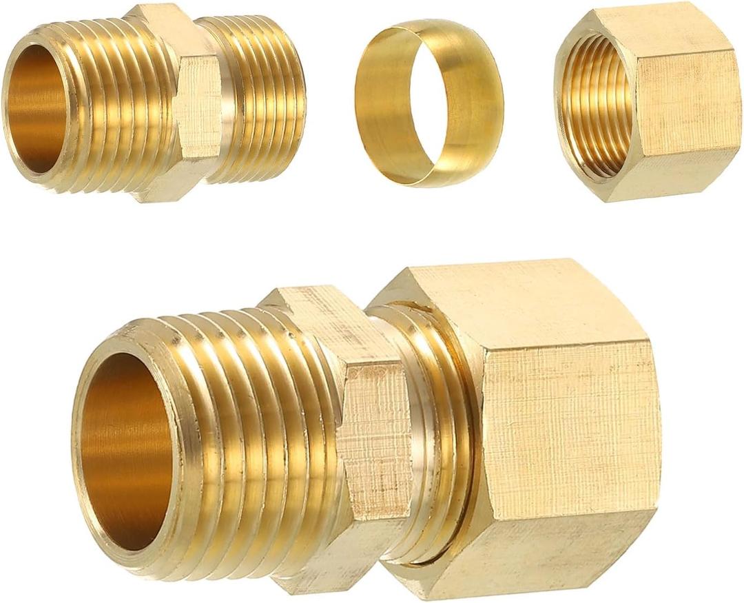 uxcell 2Pcs Brass Pipe Fitting, 5/8" OD x 1/2" NPT Male Brass Compression Tube Fitting, Brass Compression Union Connector, Brass Straight Coupling Adapter Fitting Fit 5/8" Pipe