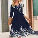 Zeagoo 3/4 Sleeve Women's Dress Casual Flowy A-Line Midi T-shirt Dresses with Pockets Crewneck Vocation Boho Beach Sundress (Blue, L)