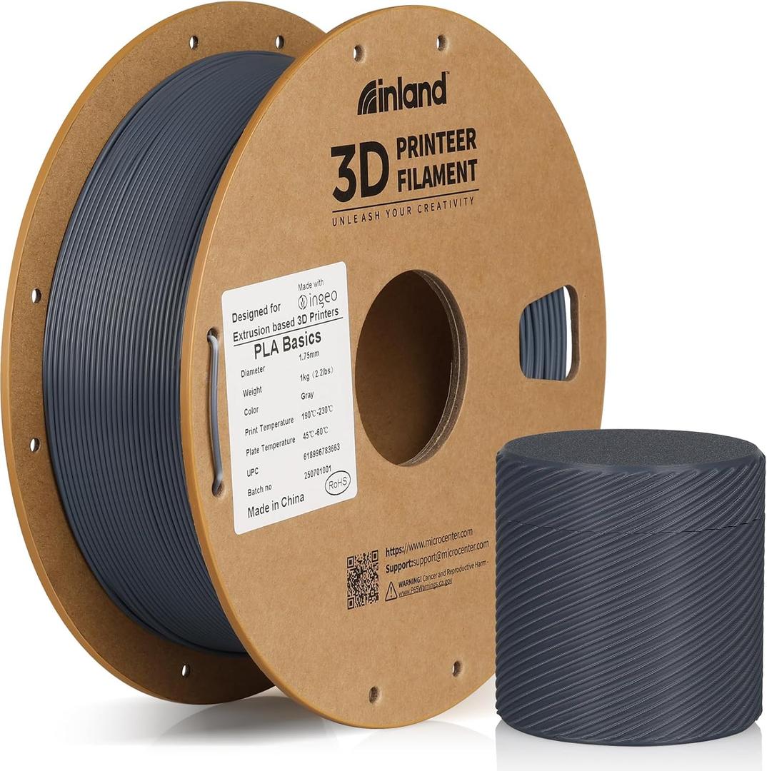 Inland PLA Basics Filament 1.75mm, 1kg Spool  Dimensional Accuracy 0.02mm, Neatly Wound, Fits Most FDM 3D Printers (Gray, 1 Pack)