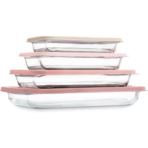 COOK WITH COLOR 8 PC. Glass Baking Dish Set with Lids - Deep Casserole Dish, Glass Food Container, Oven, Freezer and Microwave Safe, Clear Container, Pink