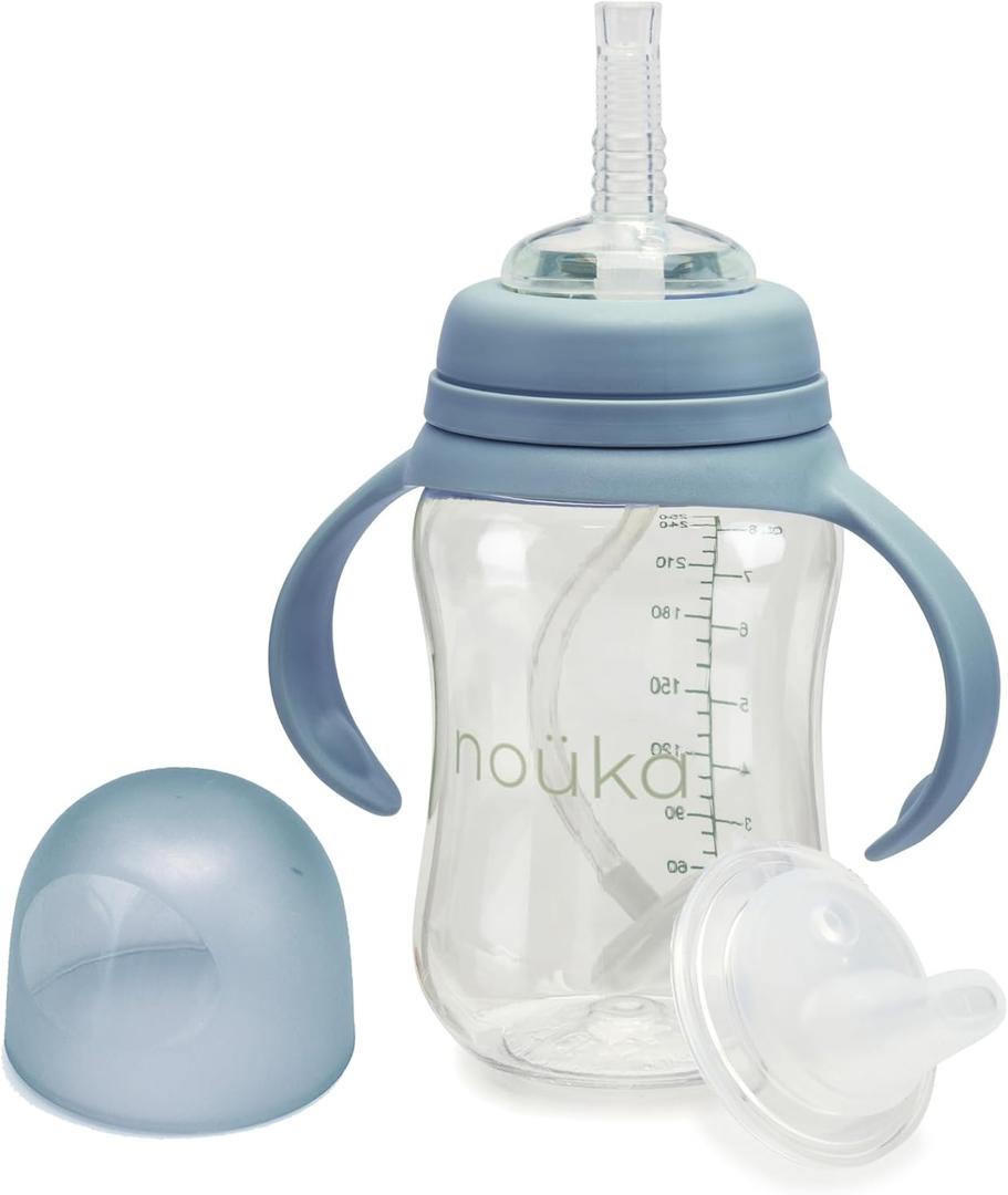 nouka Tritan Plastic Transitional Sippy Cup with Weighted Straw | Leak Proof and Easy Grip | Removable Handles | Wave