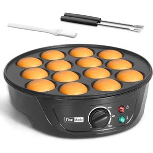 FineMade Non Stick Mini Pancakes Maker Machine, Electric Poffertjes Pan with Browning Control, Small Ebelskiver Aebleskiver Pan, Dutch Mini Pancake Maker, with Brush & Forks, 14 Slots, Black