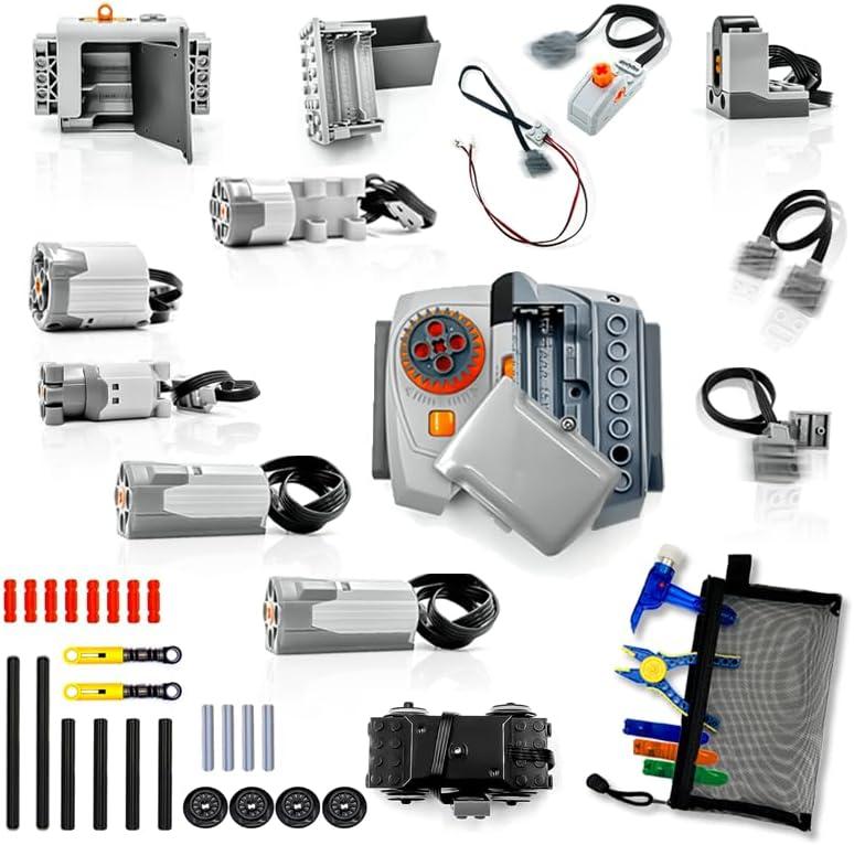 39-in-1 Motor Kit Compatible with Major Brand Motor*4,Battery Box*2,2.4G Receiver,IR Speed Remote Control,Control Switch & Extension Wire & LED Light Wire,with Building Block Tool Kit