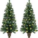 4FT Prelit Christmas Tree 2-Pack Artificial Potted Christmas Tree with 100 Warm White LEDs Battery Powered & 8 Lighting Modes for Xmas Porch Entrance Decorations