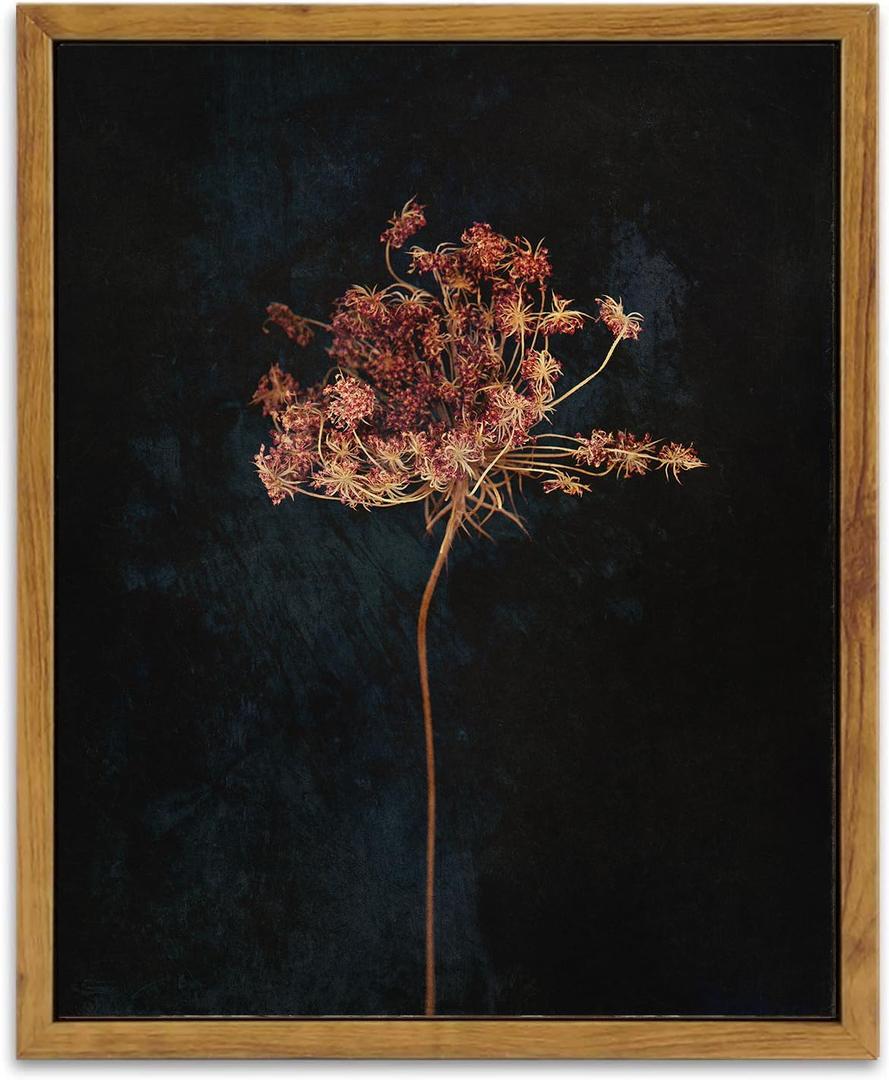 KBKBART Framed Vintage Wall Art Prints, Retro Moody Floral Botanical Canvas Painting Farmhouse Decor, Black Dark Classical Flower Framed Canvas Wall Art for Bathroom, Bedroom, Living Room, Gallery, Vintage Wall Decor(16"x24")