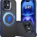 Magnetic for iPhone 16 Case Carbon Fiber Skin SensationCompatible with magsafeMetal Lens Kickstand Dropproof Sturdy Carbon Fiber PatternWireless Charging Case for iPhone 16 Blue
