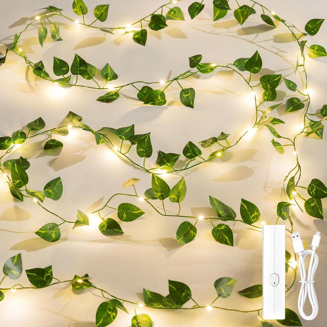 Lakumu Fairy Lights Vine, 33ft 100 LED Rechargeable Battery Operated String Lights, 8 Modes Timer Leaf Lights for Bedroom Wall Garden Party Wedding Decor, Warm White