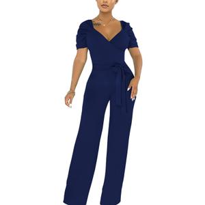 PaladMom Womens Elegant Plus Size Jumpsuits Sexy Back zipper Short Sleeve Mid Waist Wide Leg Straight Rompers (Large, 10681dark Blue)