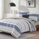Monbix Queen Comforter Set - 7 Pieces Bed in a Bag Queen, Ocean Blue-Stripe Bedding Sets, All Seasons Comforter Bed Set with Sheets, Pillowcases & Shams