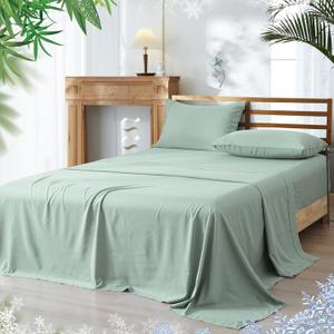 PHF Cooling Sheets Set Queen Size, Rayon Derived from Bamboo & Polyester, Breathable & Wrinkle Free Silky Soft Bedding Sheets, Wider Elastic Band, 16" Deep Pocket Bedding Set & Pillowcase, Sage Green