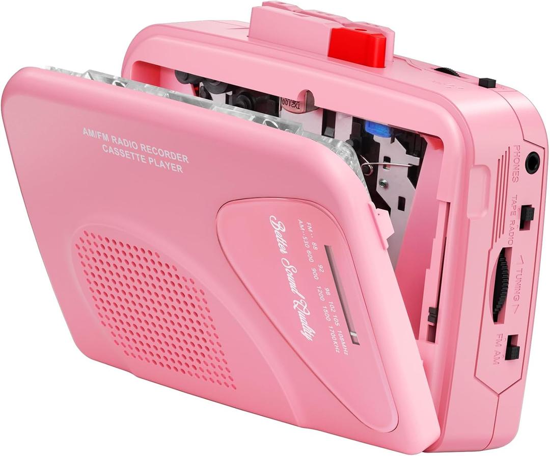 Cassette Player Tape Recorders AM/FM Radio, Portable Tape Player Records Built in Speakers Manual Record - 2AA Battery Or DC 5V Supply with 3.5MM Earphone- Pink