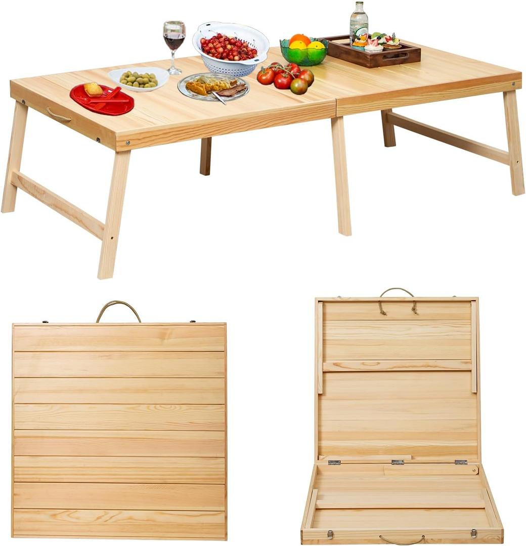 Foldable Boho Wooden Picnic Table, No Assembly Required 60" x 30" Portable Outdoor Indoor Low Picnic Table for Floor Camping, Seating, Beach, Backyard, BBQ, Seats 68 People