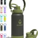 32 oz Insulated Water Bottle with 2 Lids (2-in-1 Straw & Spout Lid, Magnetic Lid), Slim Water Bottle with Strap, Stainless Steel Water Bottle for Hiking, Gym, Travel, BPA-Free, Army Green