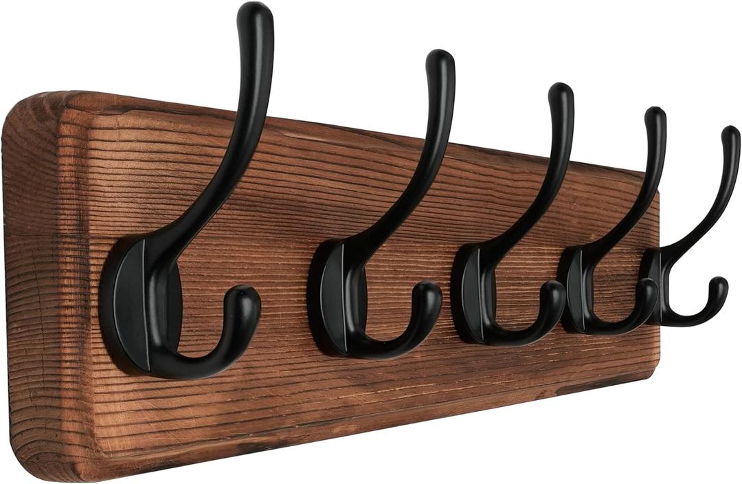 SKOLOO Rustic Wall Mounted Coat Rack with 16 Inch Mounting Hole Distance, Pine Solid Wood Coat Hook Hanger - 5 Hooks for Hanging Clothes Robes Towels Coats (Brown Plate & Black Hook)