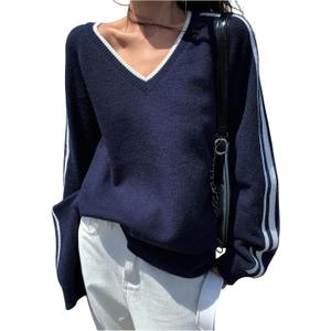 MakeMeChic Women's Striped V Neck Sweater Long Sleeve Knit Winter Pullover Tops (Blue, L)