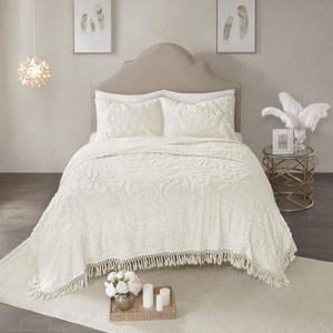 Madison Park Laetitia Lightweight 100% Cotton Quilt Set, Breathable Chenille Tufted, Shabby Chic Boho Medallion Design, Sham, Floral Ivory w/ Tassels, Full/Queen (90 in x 90 in) 3 Piece, Laetitia Ivory Coverlet