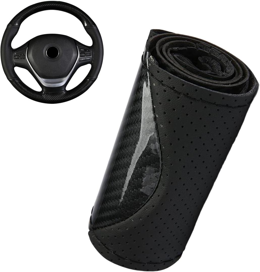 Car Leather Steering Wheel Cover, Breathable Perforated Anti-slip Wrap, Anti-scratch Stitch on Microfiber Leather Protector, Tight Fit for Most 14.96" Steering Wheel (Black)