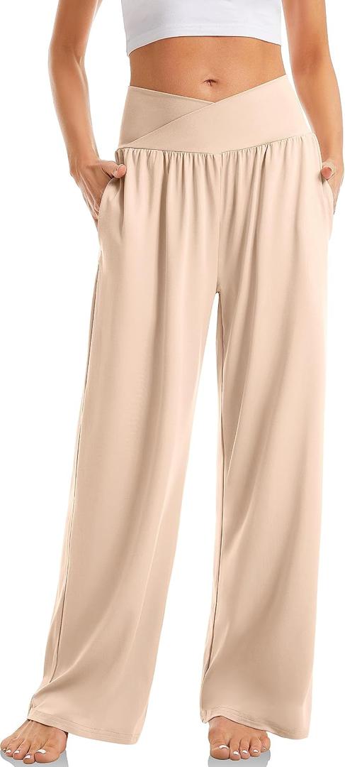 TARSE Women's Wide Leg Casual Loose Pants Yoga Sweatpants Comfy Crossover High Waisted Lounge Pajama Flowy Pants with Pockets (Beige, M)