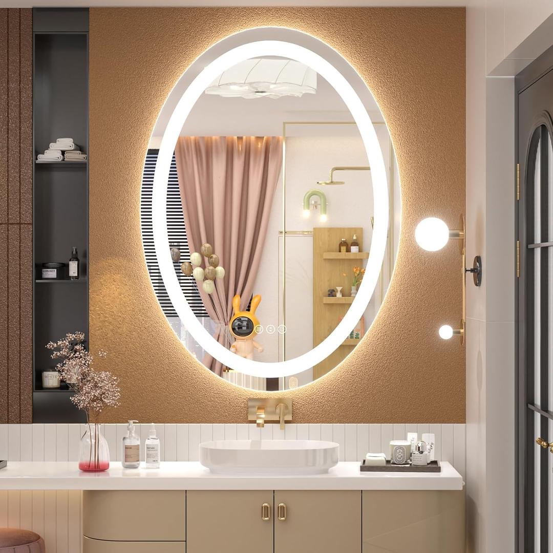 OKPAL Oval LED Mirror for Bathroom 40x30, Bathroom Mirror with Lights, Oval Lighted Bathroom Mirror, Anti-Fog, Shatter-Proof, Dimmable, Memory, 3 Colors (Front Lights + Backlit)