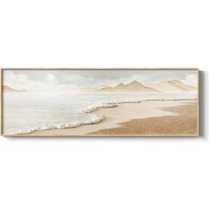 Framed Boho Coastal Beach Wall Art for Living Room, Large Neutral Ocean Canvas Artworks for Walls, Long Horizontal Abstract Minimalist Coastal Art Print for Bedroom Kitchen Office Wall Decor, 16x48 In