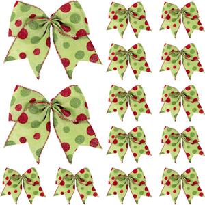16 Pcs Christmas Tree Bows Decoration, 6 Inch Large Christmas Bows Red Green Dot Bows Ribbons Ornaments Christmas Wreath Decorations for Tree Gift Wrapping Wall Home Front Door Decor