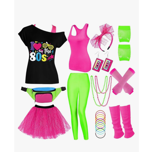 80s Outfit Women Costume Accessories Set, T-Shirt Tank Top Leggings Tutu Skirt Fanny Pack for Halloween, 80s Neon Party Size XXL