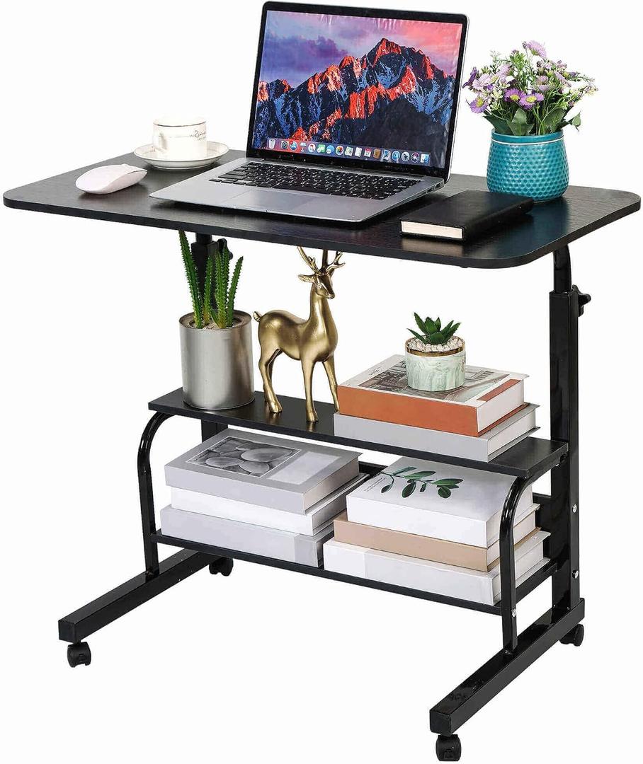 Adjustable Height Mobile Computer Desk for Small Space Rolling Table with Wheels Desk Home Office Study Desk Portable for Bedrooms Work Size 31.5x15.7 Inch Black with Storage Gaming Table B