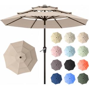 10ft Patio Umbrella, 3 Tier Outdoor Market Table Umbrellas with 8 Fiberglass Ribs and Push Button Tilt, Windproof, Vented Canopy, UV Protection for Deck, Pool, Backyard