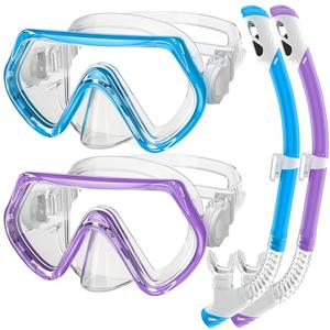 Kids Snorkel Set, Unisex Kids Swimming Goggles, Anti-Fog Diving Mask and Dry Top Snorkel Combo Set for Kids 3-14 (Blue+Purple)