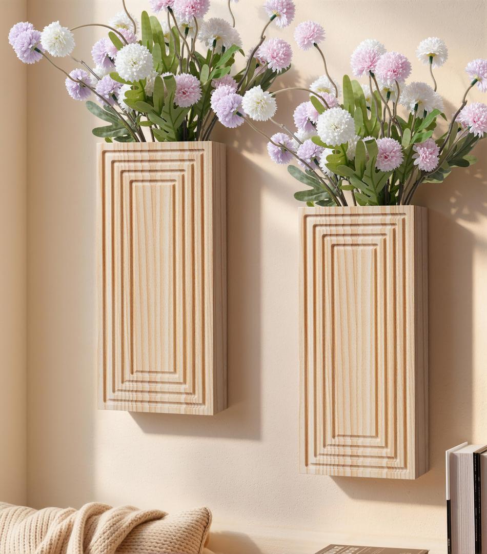 Wooden Wall Planter Vase,2 Pack Natural Wood Hanging Planter for Indoor Fake Plants Modern Boho Farmhouse Wall Art Decor for Home Kitchen Modern Farmhouse Bathroom Living Room Dining Room