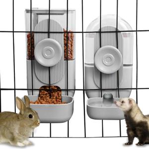 Lemtrflo Hanging Automatic Rabbit Feeder for Cage,Dog Cat Food and Water Dispenser,Rabbit Water Bottle Guinea Pig Food Bowl Set,Gravity Feeder for Cats Dogs (Gray)