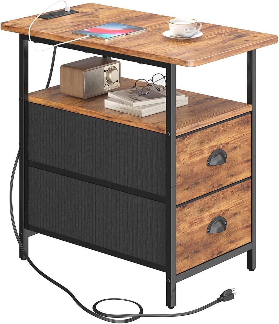 End Table with Charging Station, Narrow Side Table with 2 Drawers, Nightstands with Drawers, USB Ports & Power Oulets,Slim Sofa Side Tables for Small Spaces,Livin Room,Bedroom,Rustics Brown