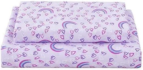 Softan Kids Bed Sheet Set, 4-Piece Full Size Sheets, Microfiber Fitted Sheet with 15 Inches Deep Pocket and Corner Straps, Breathable & Silky Soft Purple Love Rainbow Pattern Sheet and Pillowcase Sets