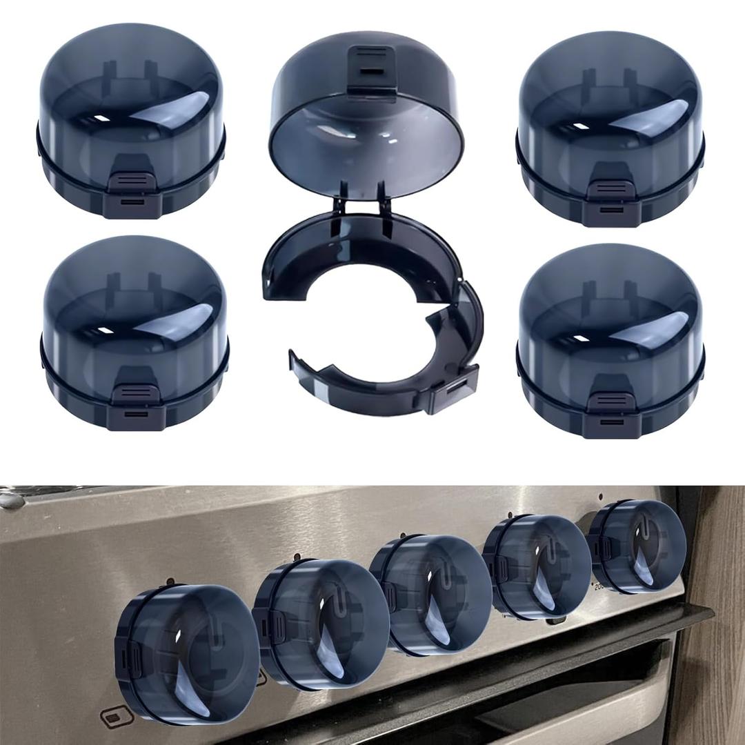 Stove Knob Safety Covers - Child Oven Safety Knobs Guard Covers 5pcs Non-Universal Large Gas Stove Knob Cooker Protective Upgraded Double Buckle for Kids Baby Pets (Black, 8.98x5.43cm)