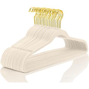 MIZGI Premium Velvet Hangers Pack 50 Pcs Heavyduty - Non Slip Slimline - Velvet Suit Hangers Ivory - Gold Hooks,Space Saving Clothes Hangers