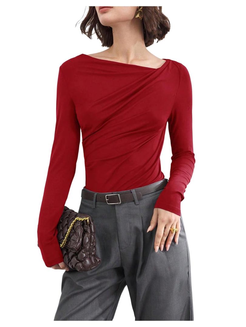 SweatyRocks Women's Ruched Long Sleeve Tops Asymmetrical Neck Fitted T Shirts Work Top Red Medium