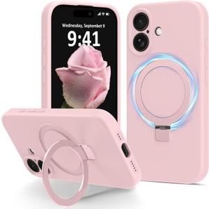 Compatible with iPhone 17 Case Stand, Slim Comfortable Liquid Silicone Phone Cases Fit for iPhone 17 Compatible with MagSafe Magnetic Ring Kickstand Stand Case Full Camera Protection, Pink