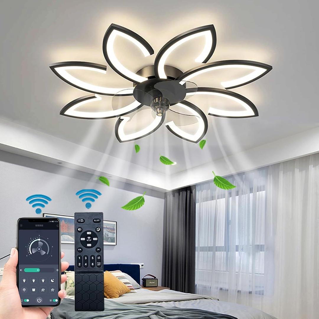 35'' Bladeless Ceiling Fan with Lights Remote Control, Modern Low Profile Ceiling Fans with Lights, Dimmable 3 Color 6 Speeds Flush Mount LED Ceiling Fan for Bedroom, Living Room - Black