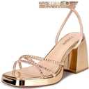 ISNOM Platform Heels for Women Comfortable Strappy Heels Short Block Chunky Sandals Ankle Strap Simple Summer Heeled Sandals Square Open Toe for Wedding Work Party Dressy Prom 6, Crystal Champagne 