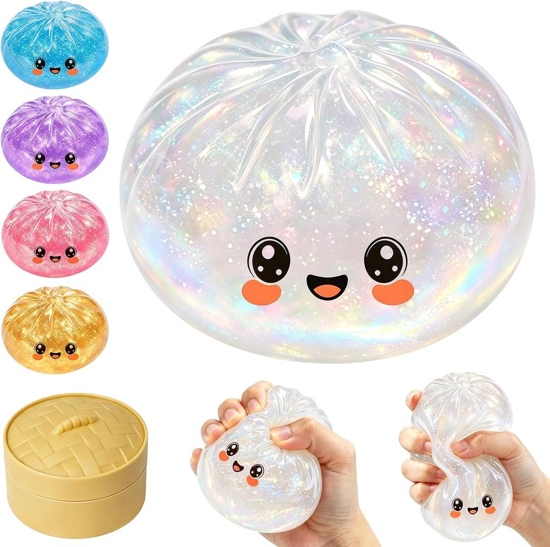 Rainbow Dumpling Squishies, Colorful Squishies Dumplings with Steamer Box, Soft Squeeze Desk Toy, Giant Dumpling Stress Ball, Fun Surprise Fidget Sensory Toy Gift