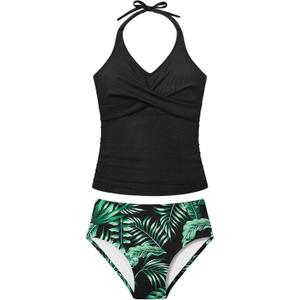 Girls Swimsuits Size 13-14 Two Piece Bathing Suit for Girls Halterneck Lace-up Criss Cross Ruched Tropical Print Slimming Tankini Girl Swimwear Black