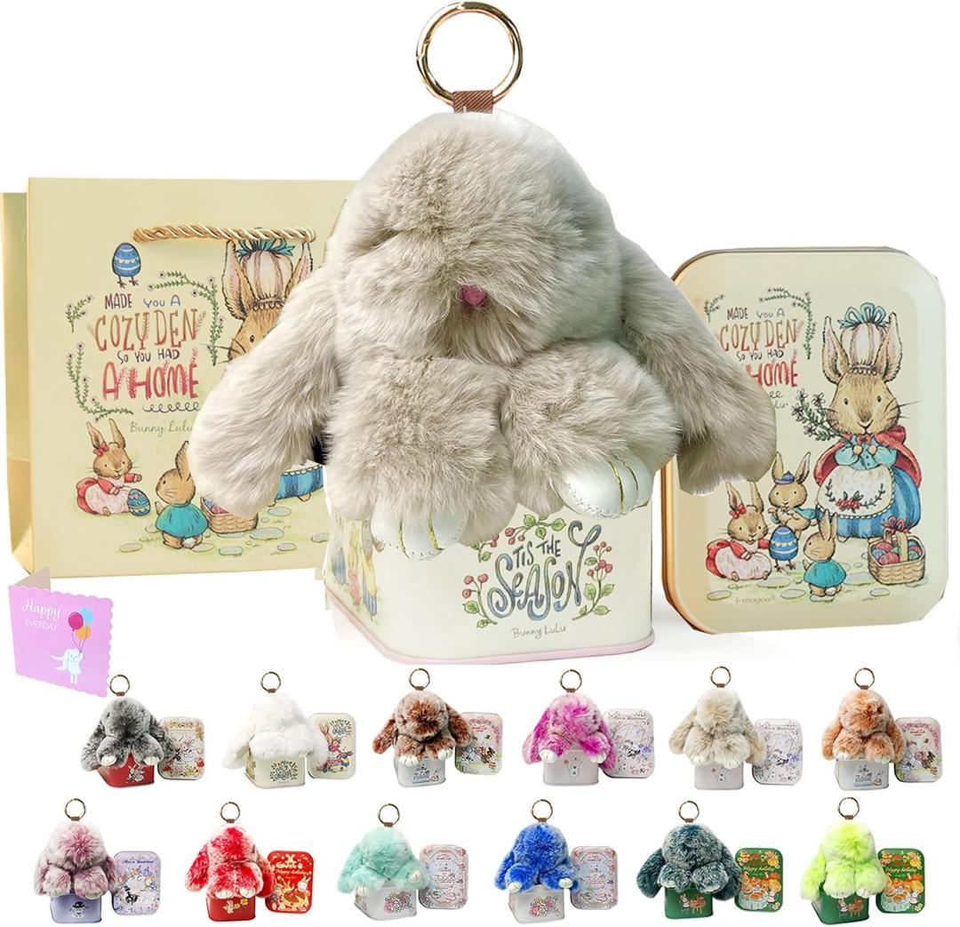 MINGRI Soft Bunny Keychain with Tin,Graduation Gifts for Her Pluch Keychain,Cute Bag Charm Key Chain (Beige) (Beige)